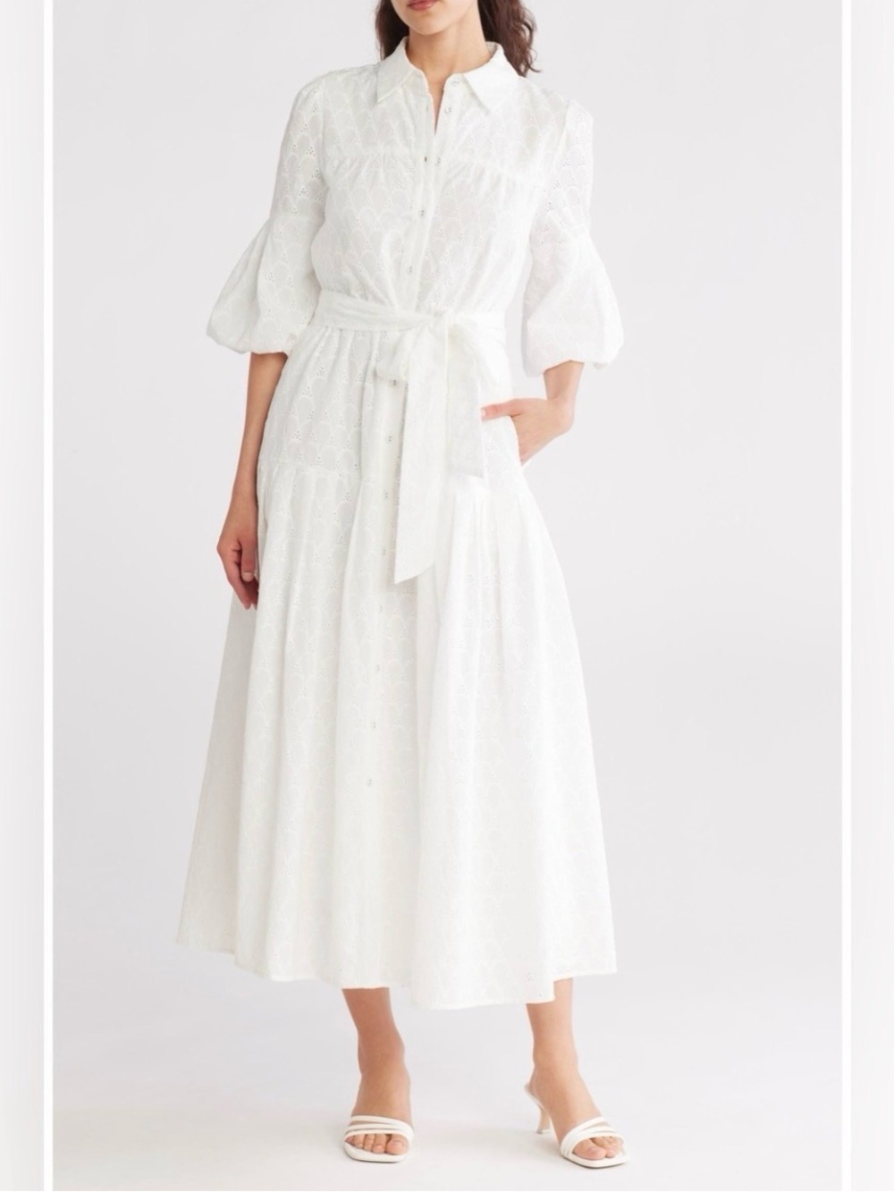 NWOT Avec Les Filles Off-White Eyelet Midi Dress with Tie Waist SZ 8 $169